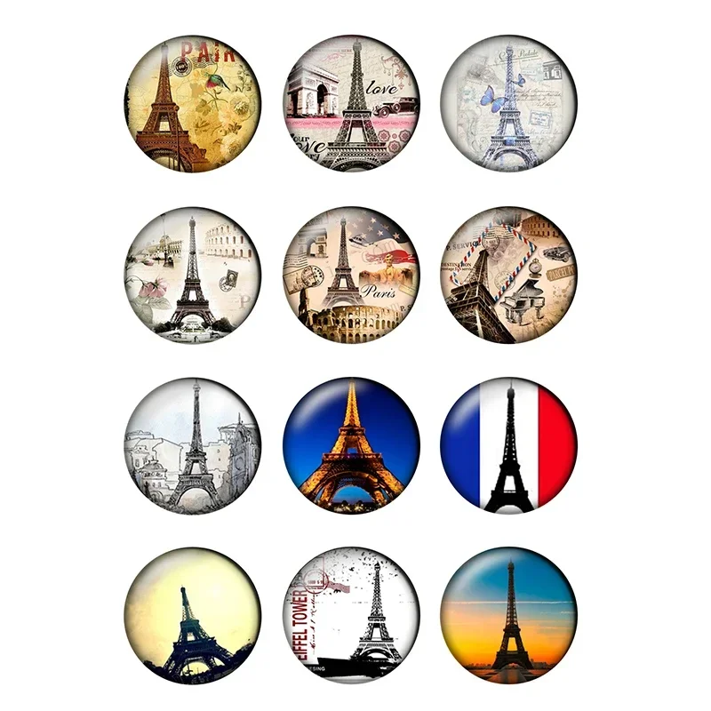 12pcs 24different Style Round French Paris Eiffel Tower Bird Flower Pattern Glass Cabochon Gems for DIY Jewelry Finding T079