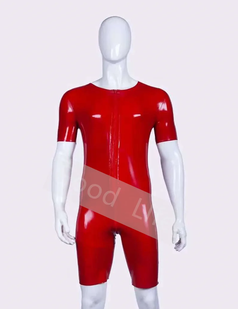 

Handmade Red Natural Latex Short Sleeve Thighs High Bodysuit Fetish Rubber Men's Catsuit With Front to Crotch zip Male Surf Suit