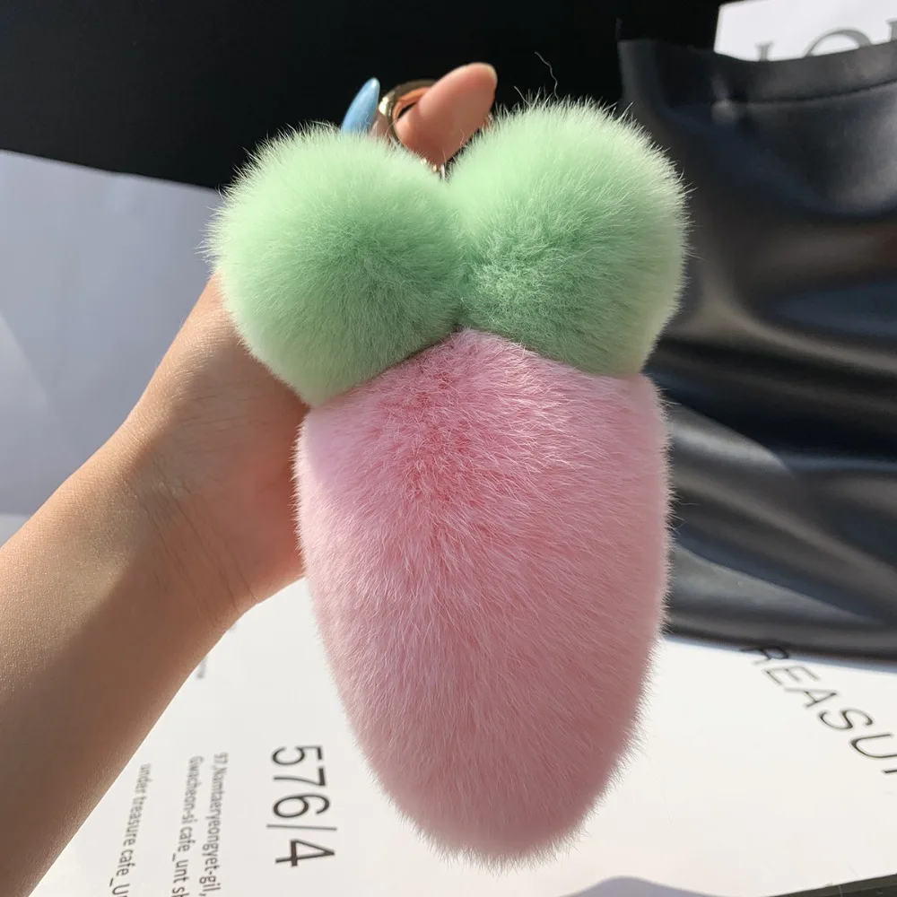 Fashion Cute Fruit Plush Carrot Key Ring Decoration Ornaments Rabbit Fur Keychain Bag Charm Kawaii Fluffy Ball Pendant Backpack