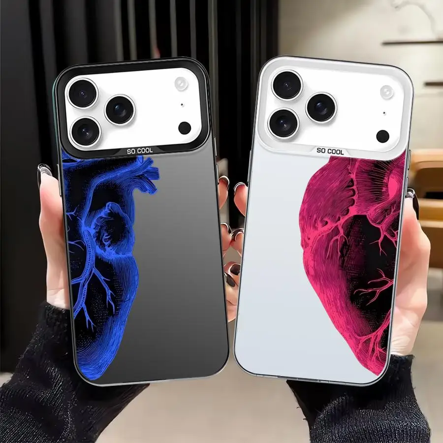 غطاء خلفي لهاتف آيفون 15 بلس 12 16 17 برو ماكس XS XR 16e 11 13 17Air 14 قلب أحمر وأزرق