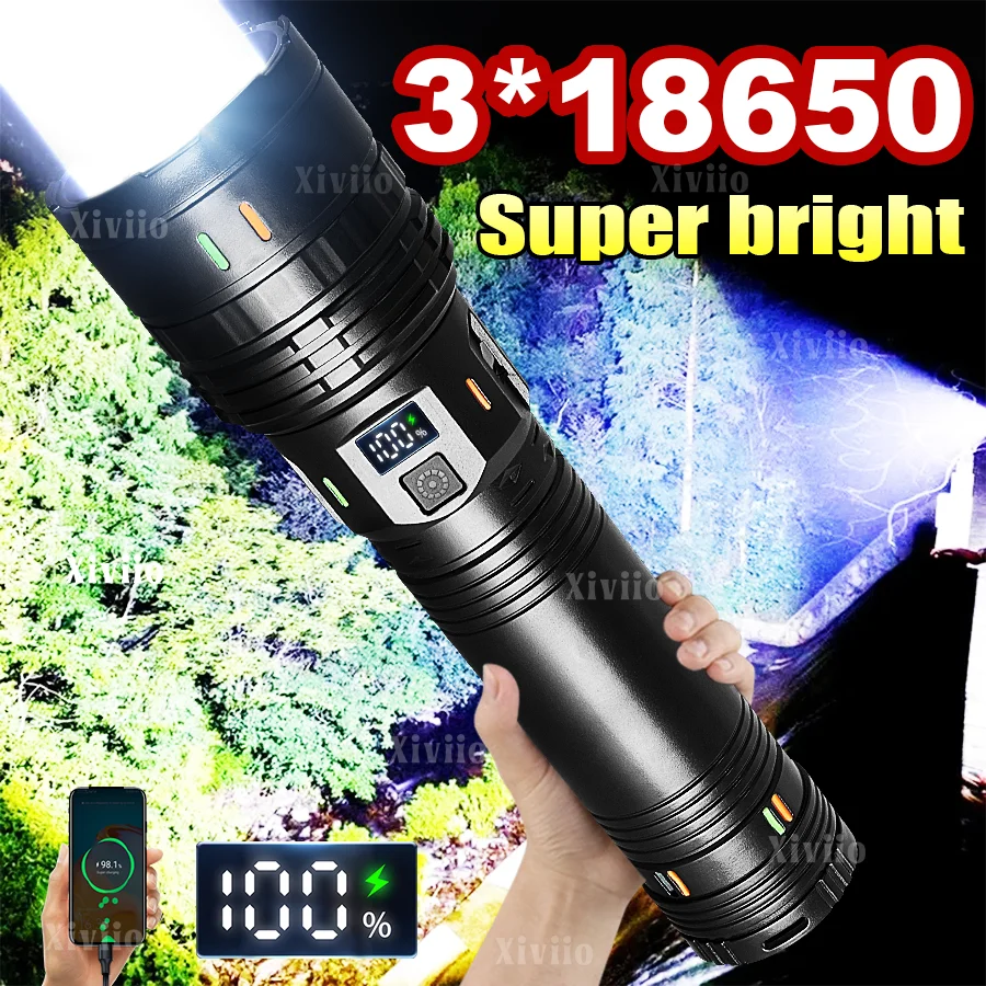 

2026 High Power LED Flashlight Strong Light Tactical Torch Light Rechargeable Flashlight 3*18650 Outdoor Fishing Camping Lantern