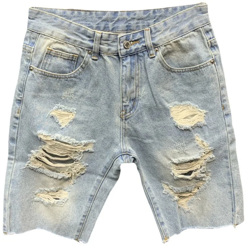 

Summer Men's Ripped Denim Shorts Light Blue Knee Length Jeans Fashion Trend Raw Hem Beggar Pants Shorts Short Jeans Breeches