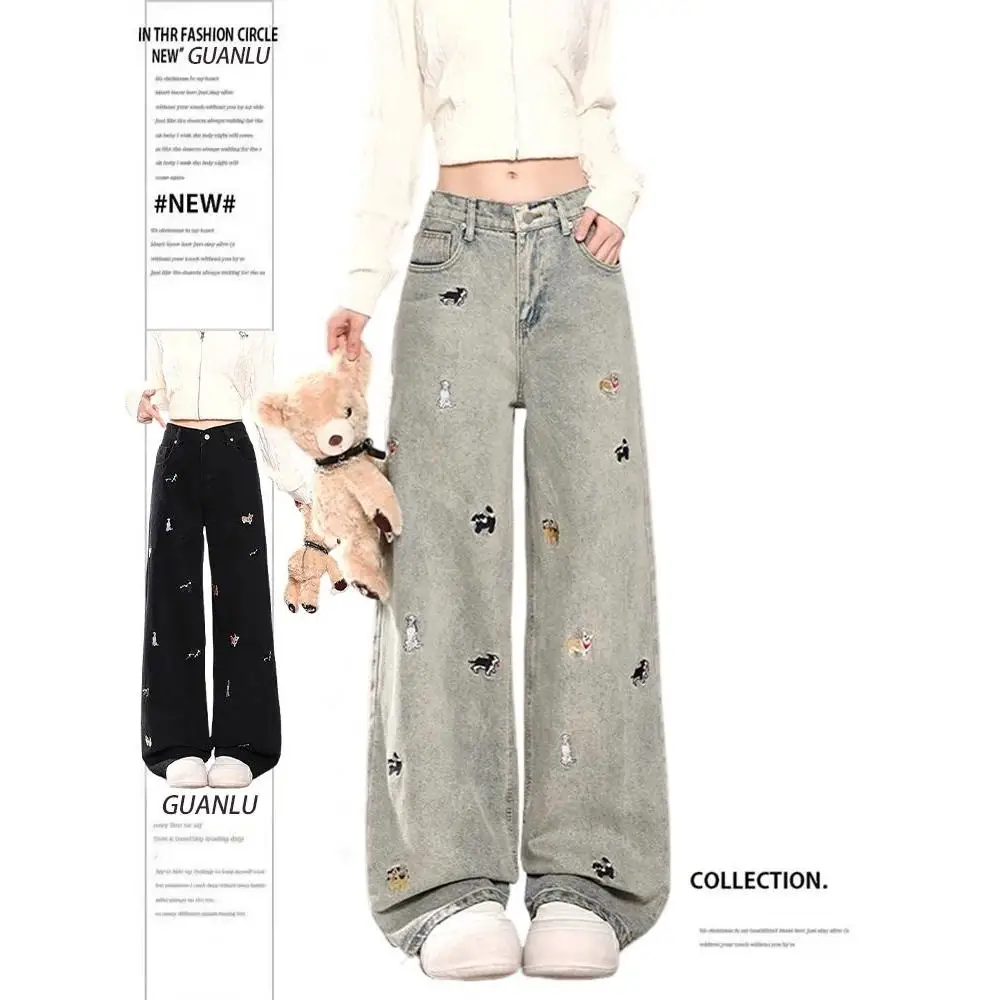 

Blue Bla Fun Embroidery Straight Leg Denim Jeans Women's New 2026 American Retro Slim Wide Leg Pants Casual Cotton Blend