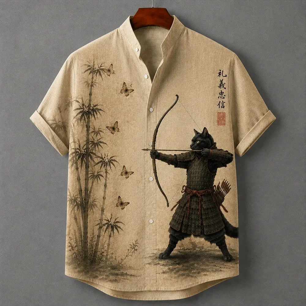 Black Cat Warrior Men's Casual Shirt Short Sleeve Full Print Stand Collar Vacation Flower Top for Ancient Architecture Fans