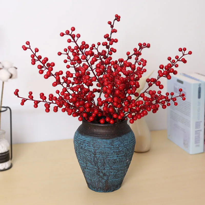 Artificial Berries Branch Plastic Fake Flowers leaf Decorative Berry PE Red Berries Plant for New Year Christmas decoration 2023