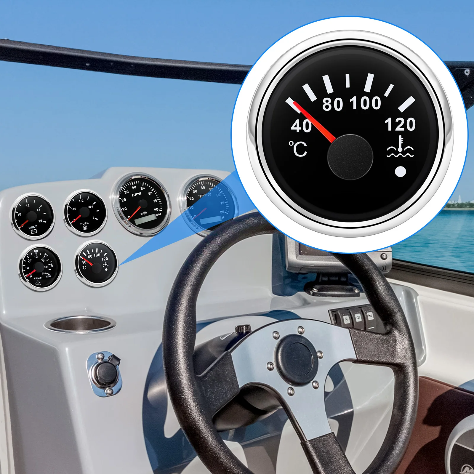 Universal 52mm Water Temp Gauge 40-120℃ Water Temperature Meter Indicator for Auto Boat Red Light Temp Sensor 1/8NPT M14x1.5 M16