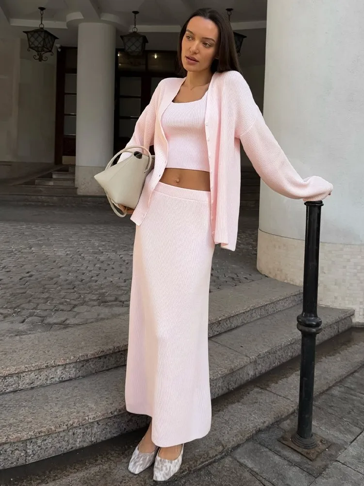 High Waist Long Skirt Three Piece Set Women's Casual Straight Leg Pants High Waist PVC Knitted Skirt Set Mid-Aged Suitable