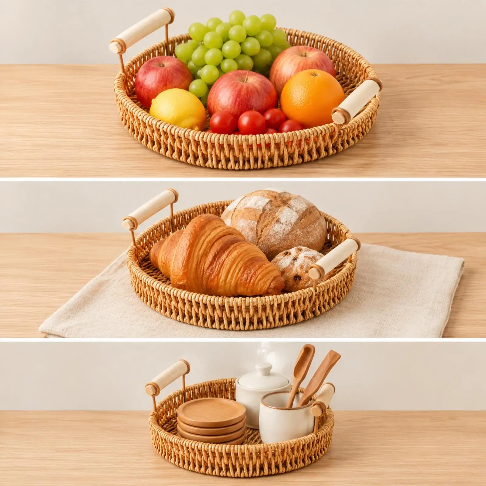 Round Bamboo Woven Storage Tray with Wooden Handles for Serving Food at Tea Party and Picnic