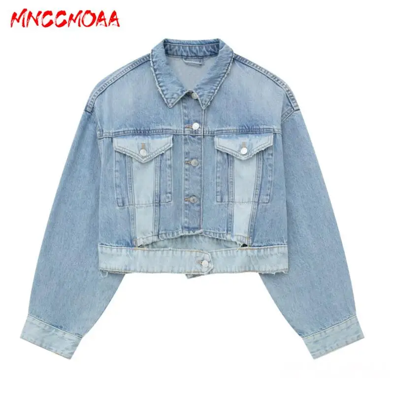 

MNCCMOAA 2024 New Women Oversize Denim Jacket Long Sleeve Female Hollow Cropped Coat Outwear