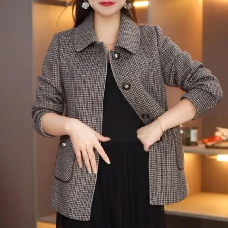 Middle Aged Mother Small Fragrance Style Plaid Coat NEW Spring Autumn Mid-Length Suit Overcoat Women Elegant Blazer Jacket 6XL