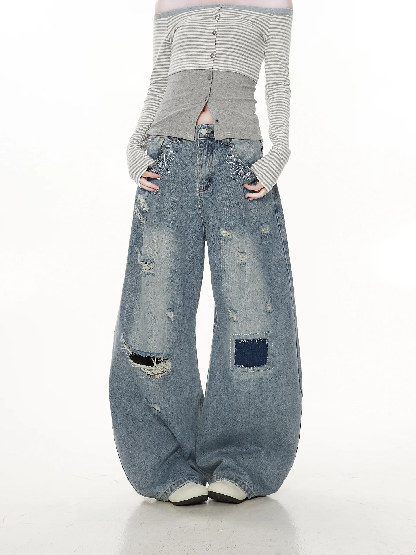 

American Style Vintage Heavy Duty Distressed Jeans Women Loose Wide Leg Knife Pants Trendy Spring Cotton Natural Waist