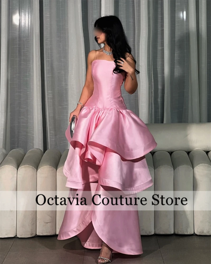 

Gorgeous Pink A Line Prom Dress Strapless Party Gowns Formal Tiered Sleeveless ccassion Dress Customized 2026