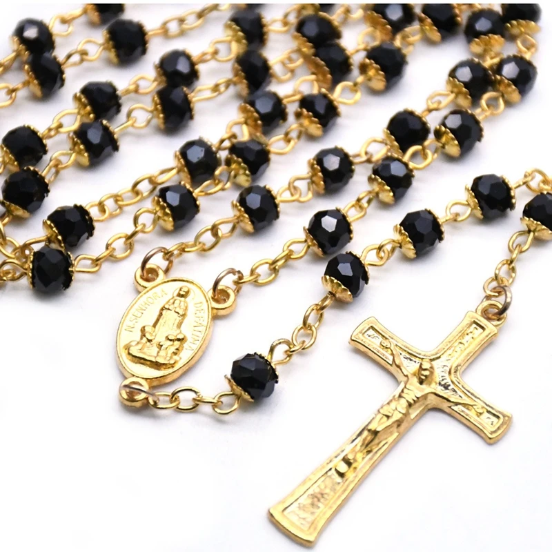 Catholic Jewelry Black Glass Crystal Beads Fatima Cross Pendant Rosary Necklace For Men Women