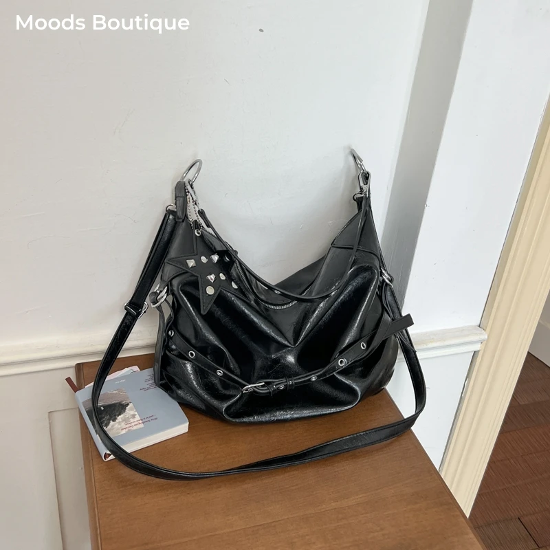 MOODS Biker-Style Schulter-Hobo-Taschen für Damen, weiches PU-Leder, große Kapazität, Shopper-Taschen, Nieten-Dekor, modische Umhängetasche