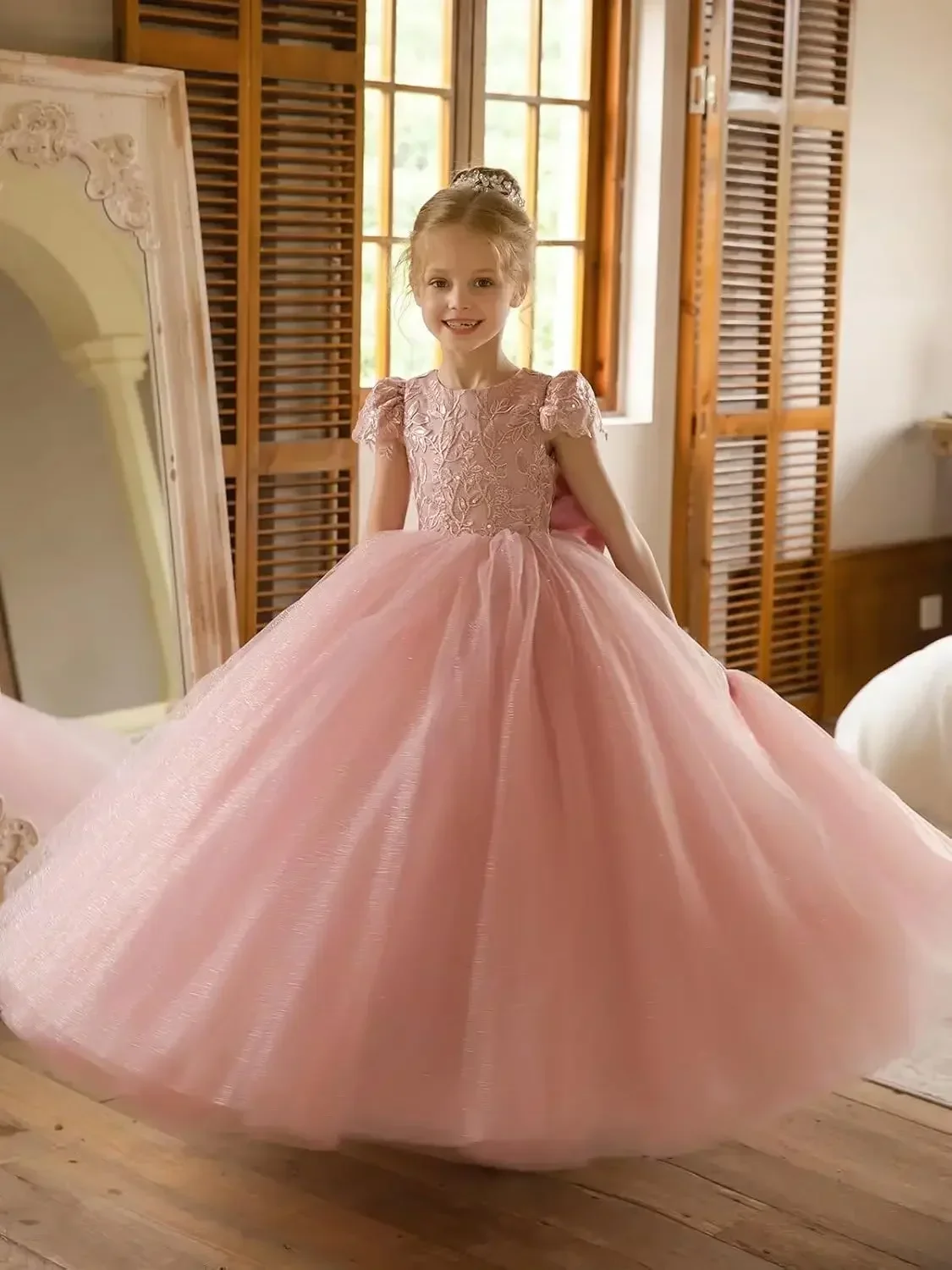 Ragazze manica corta pizzo ricamato tulle abito da ballo fiocco posteriore dettaglio occasione formale matrimonio fiore ragazza compleanno celebrazione Dre