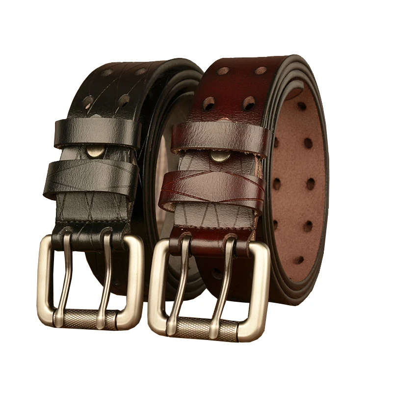 

Western New Double Alloy Pin Buckle Leather Men Belt Fashion Black Coffee Strap Wide 3.8cm With Jeans Causal Pants Belt