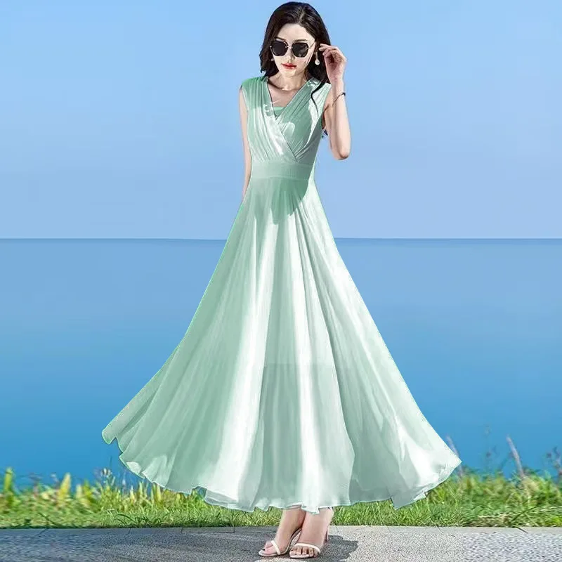 Mulheres vestido de chiffon sólido sem mangas longo balanço boêmio vestido de praia elegante senhoras verão vestido de festa feminino roupas