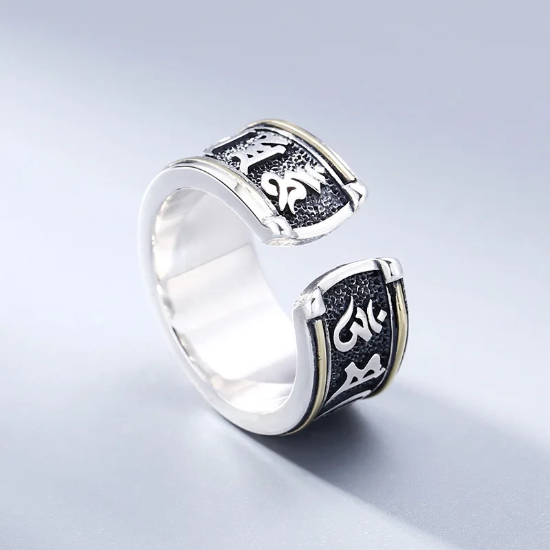 Wholesale 925 sterling silver six-character mantra ring men's live ring Thai silver vintage retro style personality ornament