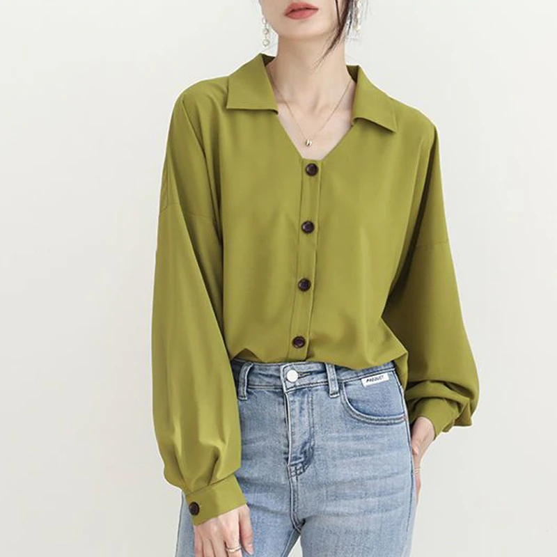 Satin Elegant Simple Street Green V Neck Long Sleeve Office Lady Commute Shirts Korean Fashion Casual Loose Tops Blouses Women