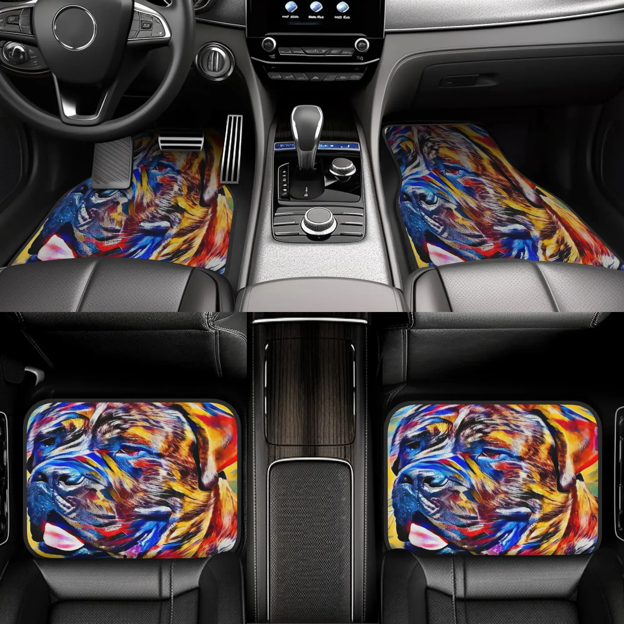 English Mastiff Head Close Up Colorful Zebra Pattern Painting Four Piece Set Of Crystal Velvet Car Floor Mats, Pet Lover Car Mat