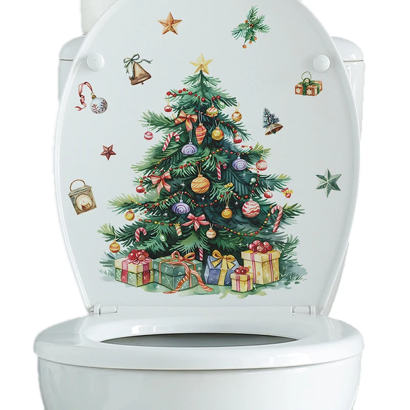 Christmas Tree Snowman Toilet Stickers Self-adhesive Waterproof Door Window Sticker Bathroom Glass Wall Decals Wallpaper Decor