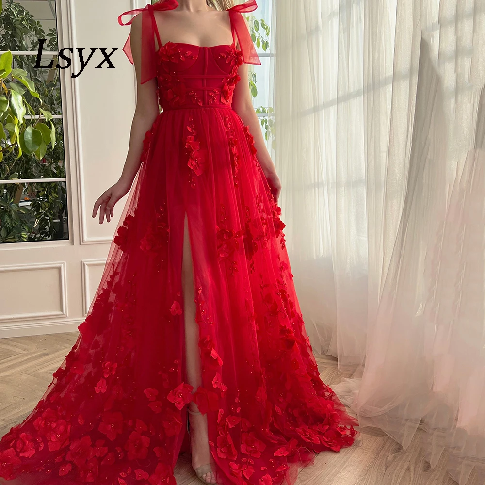 LSYX 2024 Red Appliques Pearls Tulle Evening Dresses A Line Lace Up Prom Gowns Women Floor-Length Side Slit Vestidos De Noche