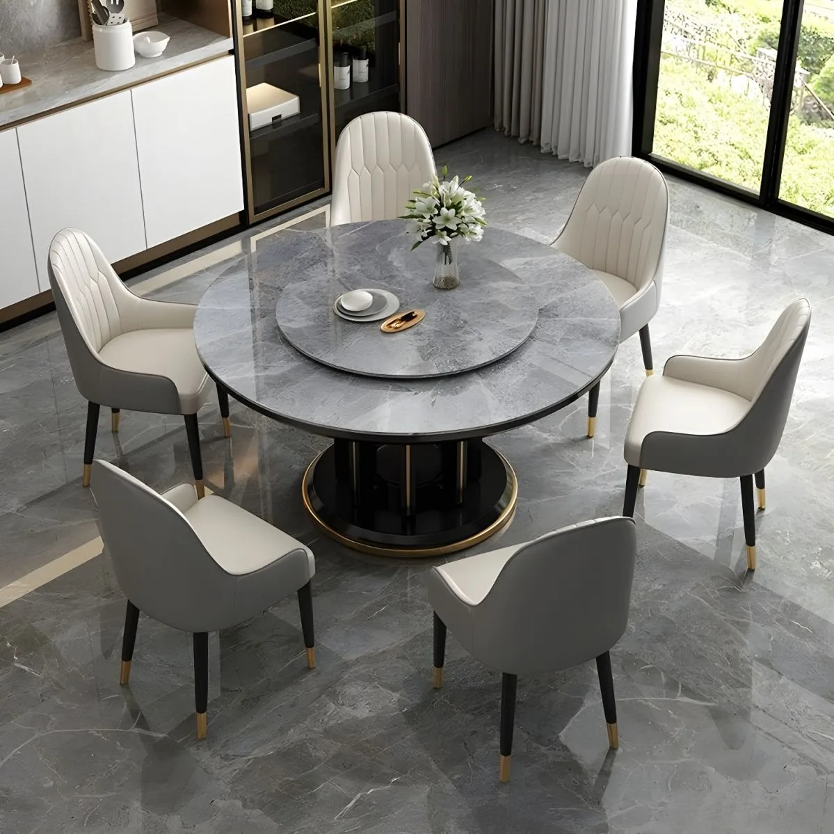 Modern White Round Sintered Stone Tabletop Dining Table With Lazy Susan Solid Wood Base Dining Room Table for 10
