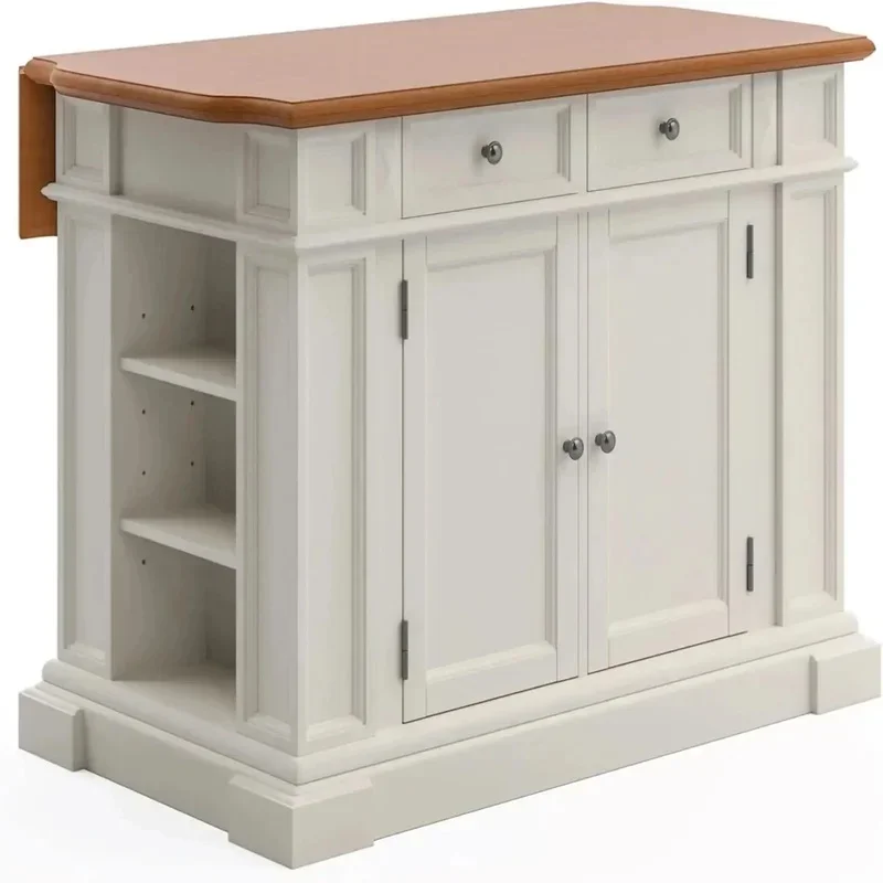 Wood Top Kitchen Island with Drop Leaf Breakfast Bar, Storage Drawers, Adjustable Shelves