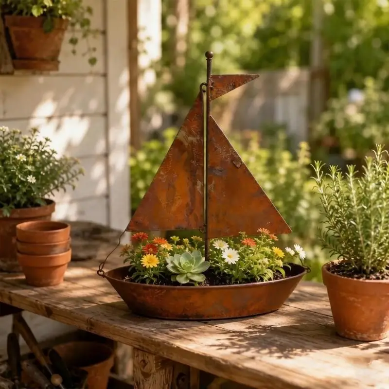 R9UF Unique Sailboats Metal Flower Pot Elegant Rusty Sailboats Alloys Planter