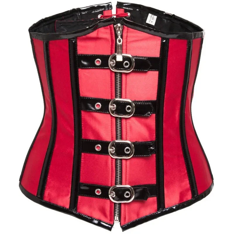 Gothic Steampunk Underbust Corset Top Black Red Spiral Steel Boned Waist Trainer Bustier with Zip Buckles Sliming Corselet