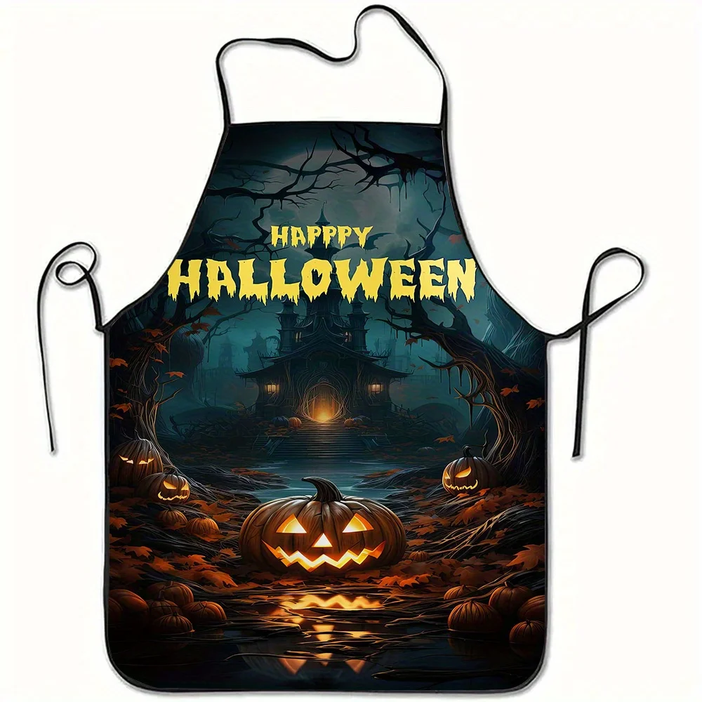 Halloween-Themed Polyester Apron Design, Featuring Haunted House Scene, Ideal for Home, Restaurant, Cafe Use