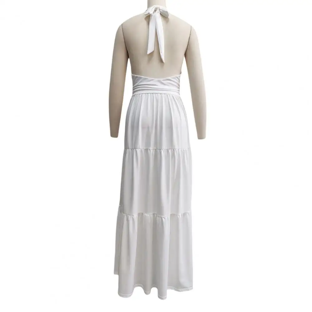 

Beach Dress Women Women Casual Dress Women's Sleeveless Halter Maxi Dress Crisscross Ruched Backless Gown Tiered A-line Swing