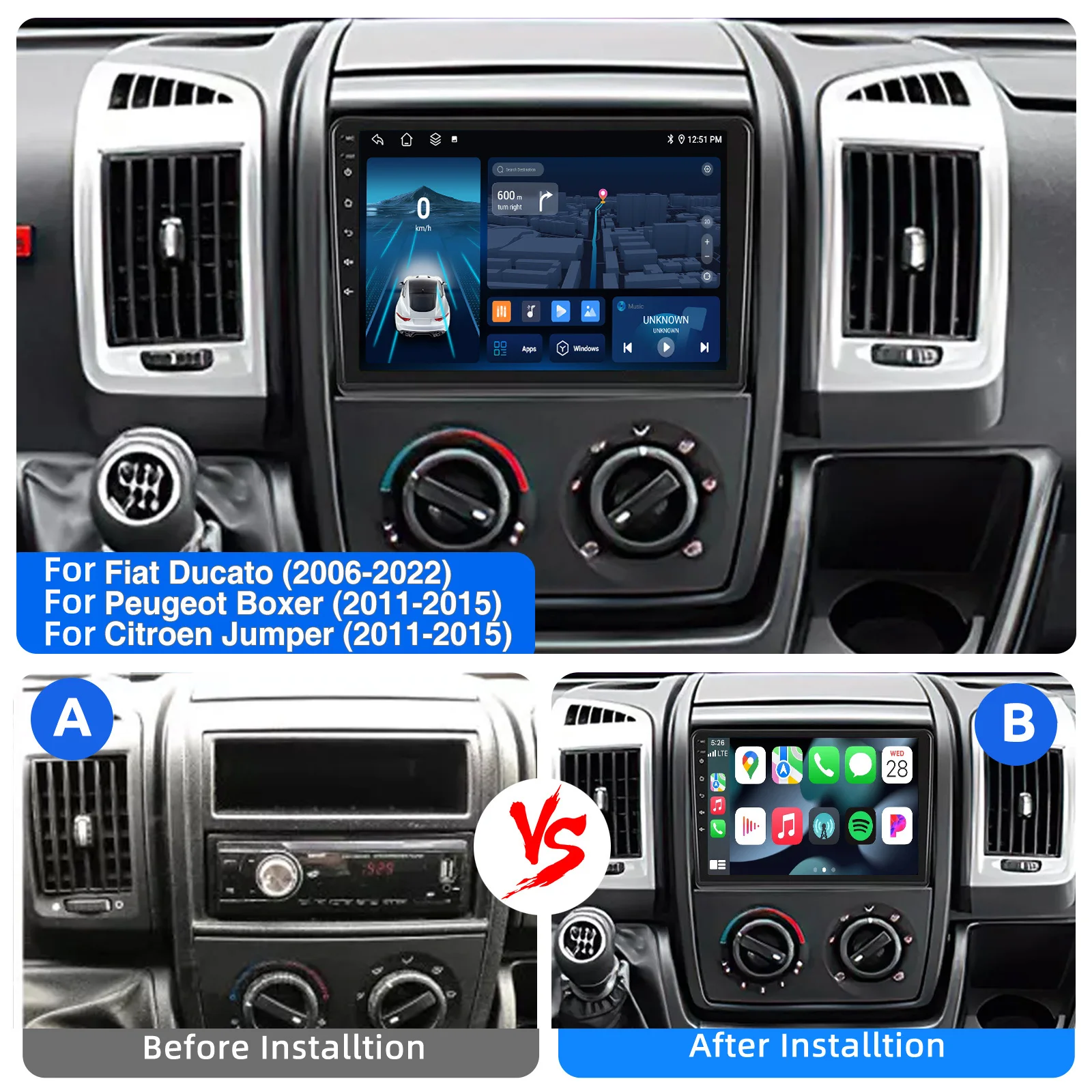 ESSGOO 9" Android 15 4 + 64G Autoradio Stereo Radio Für Fiat Ducato 2006-2022/Peugeot Boxer/Citroen Jumper Carplay Android Auto GPS Navi SWC WiFi FM RDS Bluetooth – Detail 3