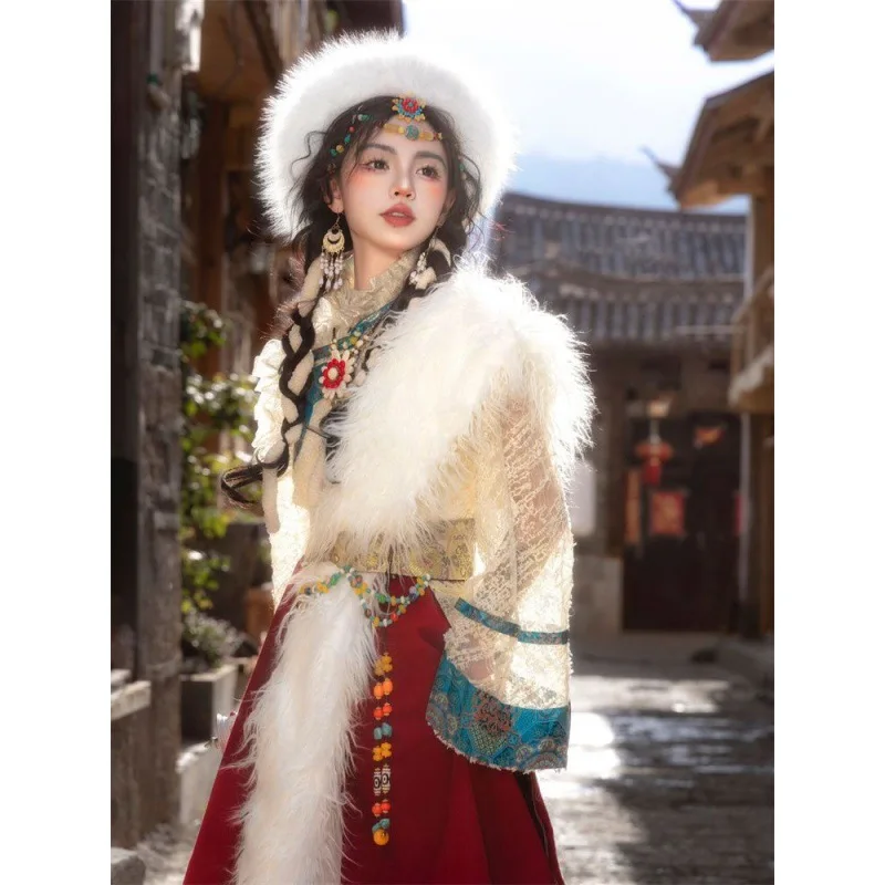 2023 Tibetan Clothing Women New Tibetan Clothing Ethnic Style Lhasa Raw Edge Fresh Girl Tibetan Robe