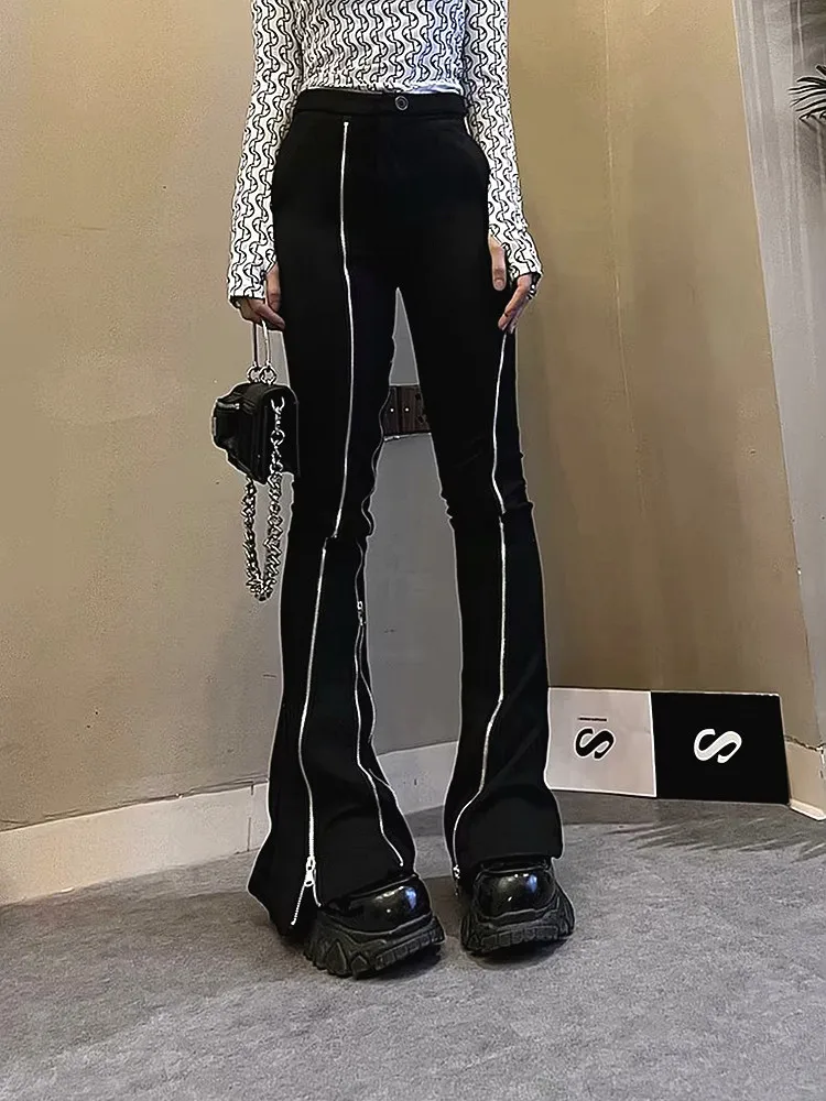 2023 Harajuku Fashion Zipper Y2K Tops Black Slim Flare Jeans Pants For Women Clothes Dark Streetwear Lady Casual Long Trousers