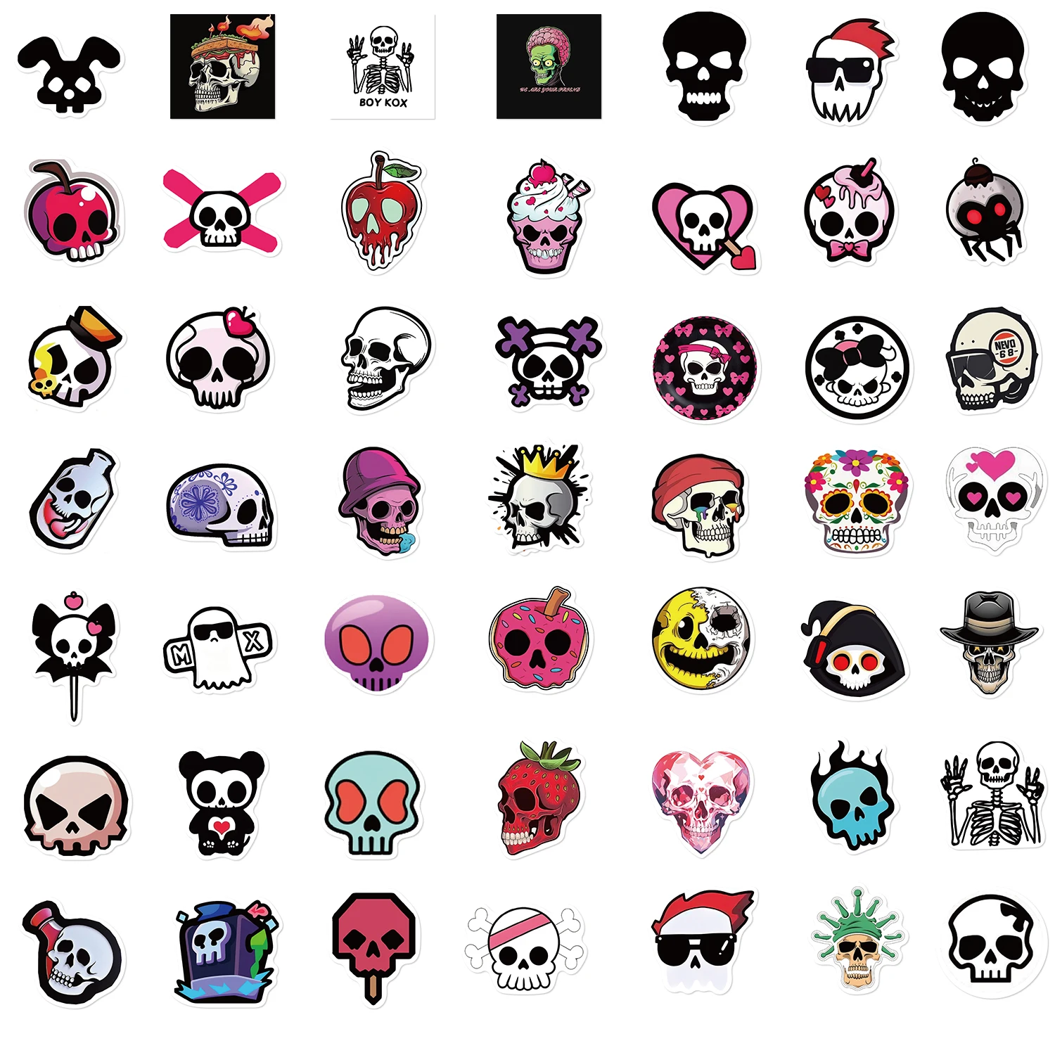 Cabeça do crânio dos desenhos animados adesivos, impermeável, manuais, casos de telefone, laptop, skates, bagagem, 52pcs