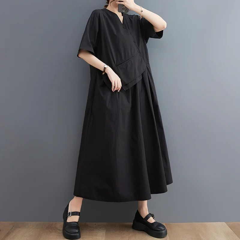 #3412 Black Khaki A-line Dress Short Sleeve Loose V-neck Irregular Midi Dress Women Buttons Vintage Dresses Femme Pockets Summer