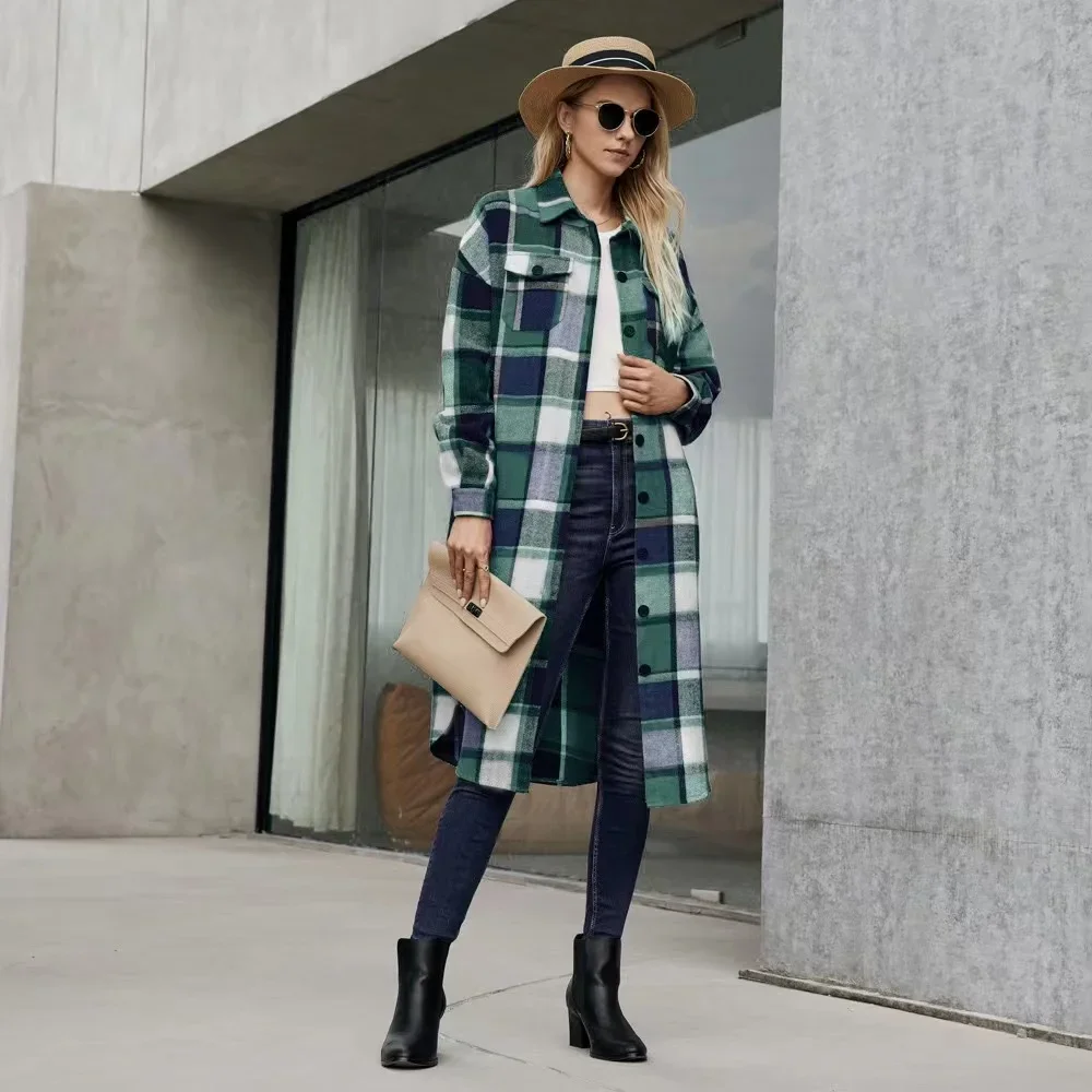 2024 New Autumn Shirt Coats Side Slit Lapel Loose Woolen Y2K Wool Trench Coat Women Long Sleeve Plaid Coat Pockets Shirt Jackets