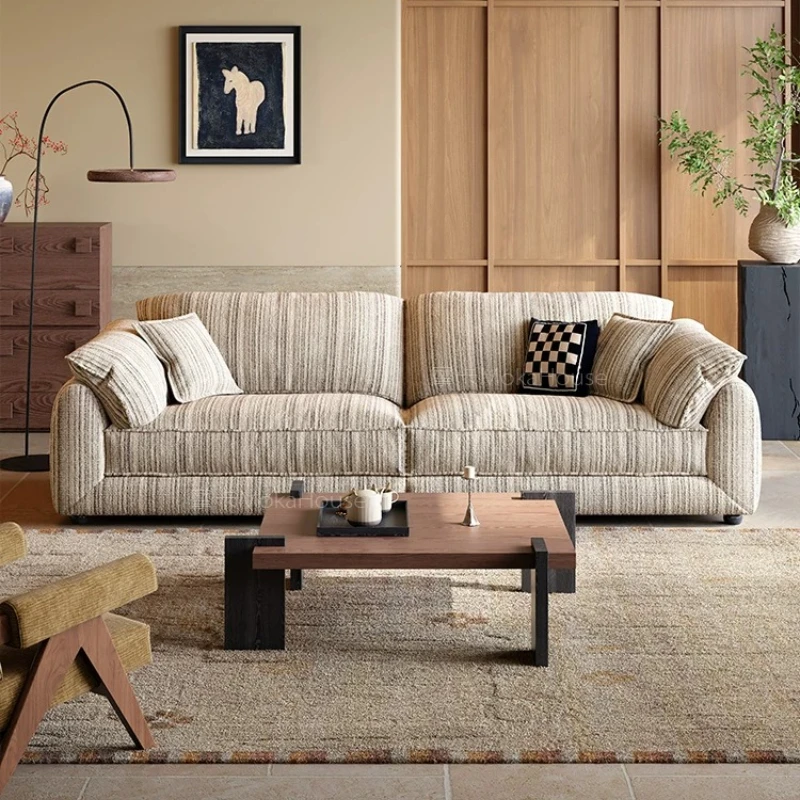 #French Retro Removable Chenille Fabric Sofa Striped Straight Couch for Living Room Machine-Washable for Easy Maintenance