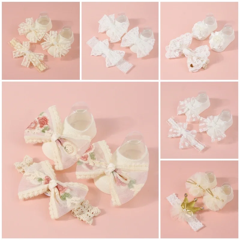 Lovely Pearl Bows Baby Girls Headband Socks Set Non Slip Cotton Sock Lace Flower Newborn Hair Band Turban Girl Hair Accessories