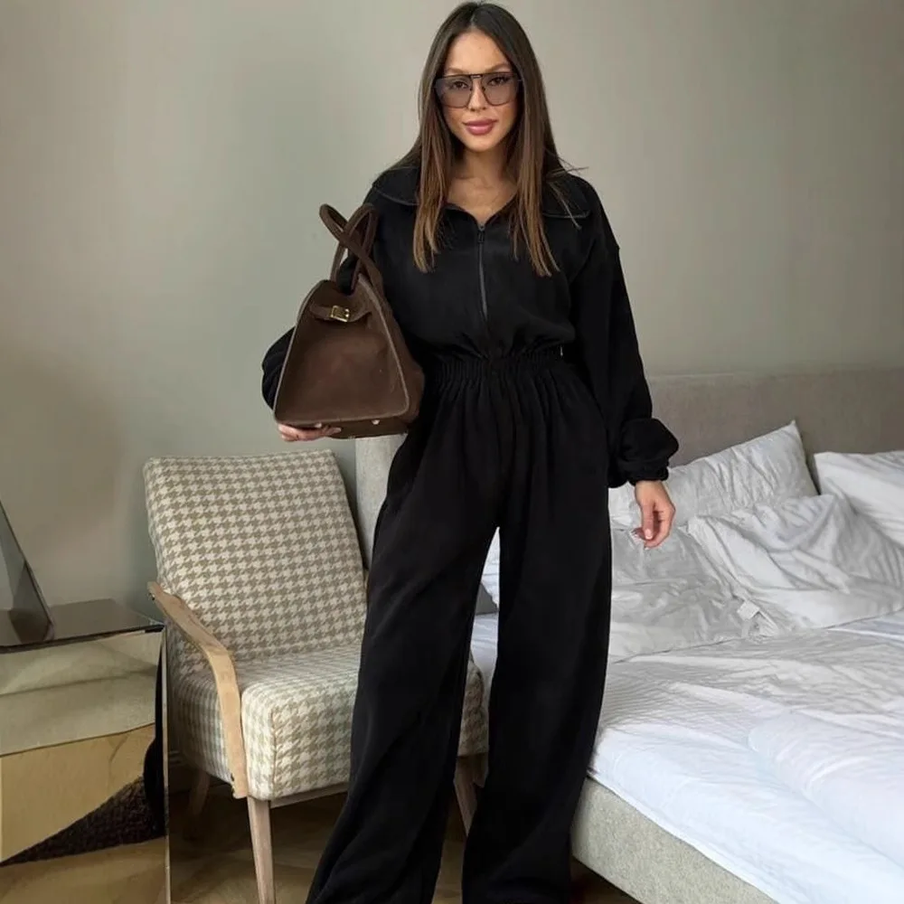 Autumn and Winter Women's New Fashion Long-sleeved Jumpsuit Ladies Casual Half-open Elastic Waist Jumpsuit