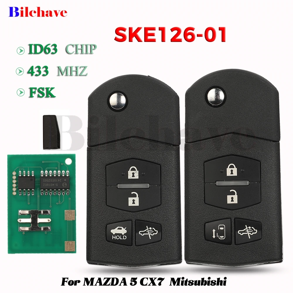 Jingyuqin-chave do carro de controle remoto, 4 botões, 433mhz, id63, para mazda 5 cx7 m2 3 m3 axela 5 m5 primacy 6 m6 atenza 8 m8 mpv