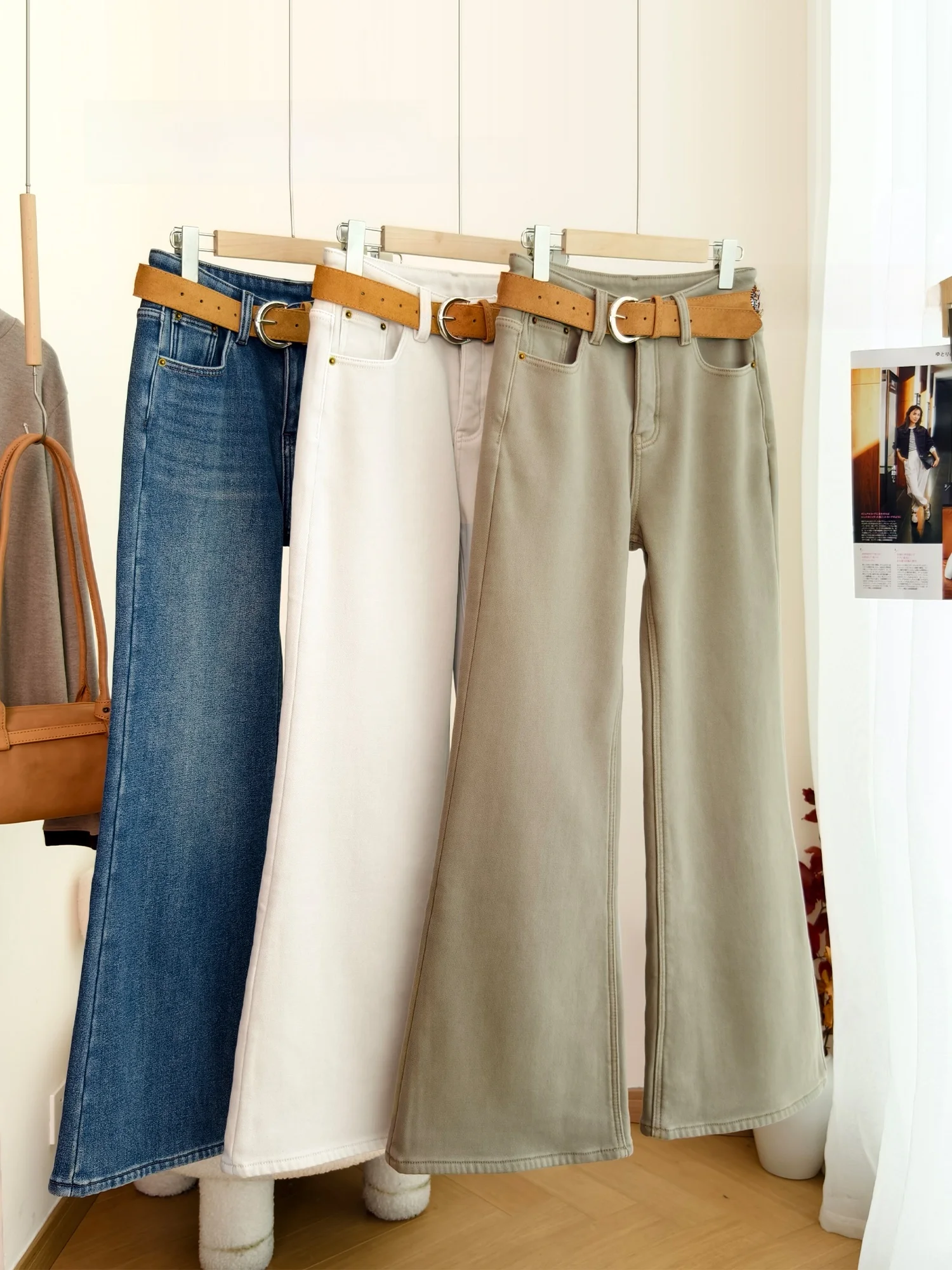 

Женские расклешенные джинсы с высокой талией, утепленные, винтажные, широкие, с поясом, для похудения