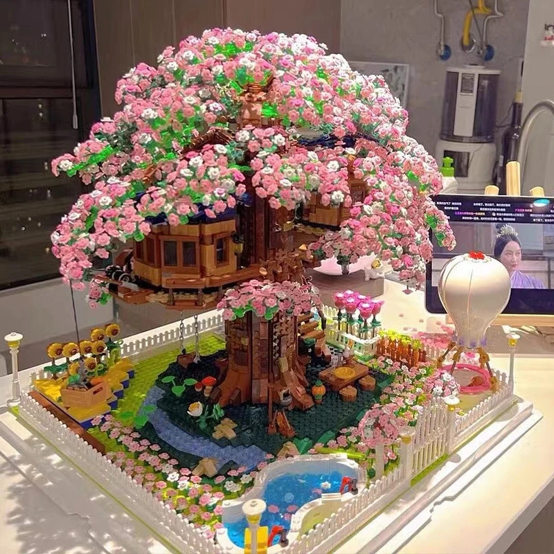 Rainbow Sakura Tree House Building Blocks Set Advanced For Girls Birthday Gift DIY Party Centerpiece Table Decor For Teens Kids