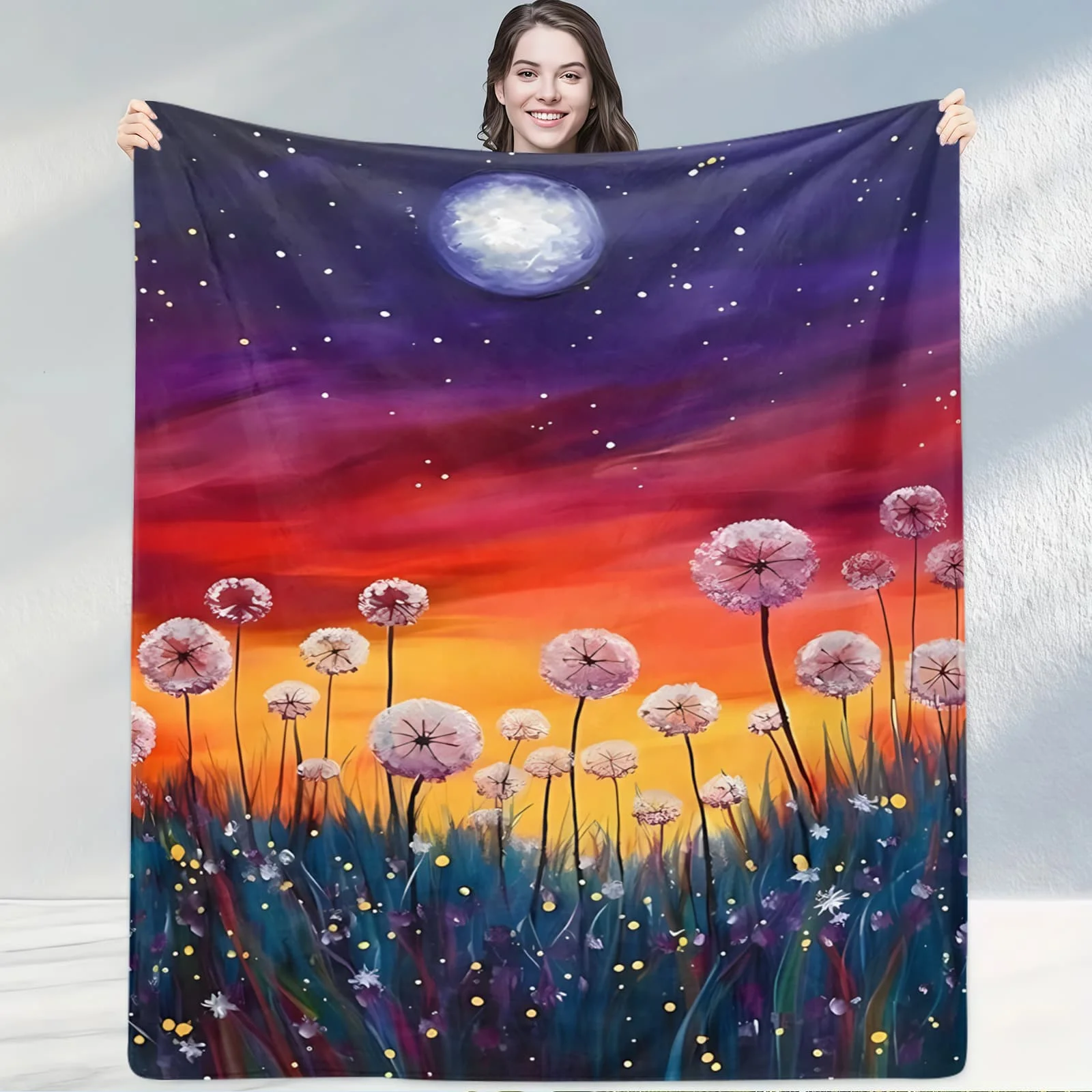 Pink Cherry Blossom Starry Night Mirror Lake Blanket  Throw for Spaces Cozy Decor Gift with Glowing Tree Showing Tranquil Vibe
