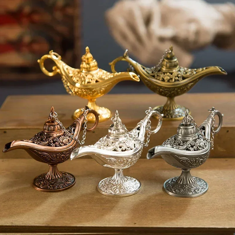 

12cm(4.7")Classic Rare Hollow Legend Aladdin Magic Genie Lamps Incense Burners Retro Wishing Oil Lamp Home Decor Gift