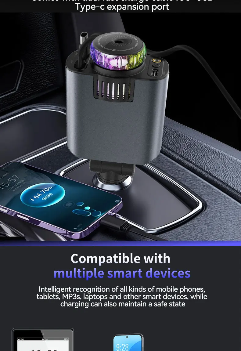5-in-1-Auto-Aromatherapie-Diffusor für ätherische Öle, Sternenlicht, 45 W, einziehbares Telefon-Ladegerät mit IOS Typ C PD30W-Kabel für iPhone – Detail 7
