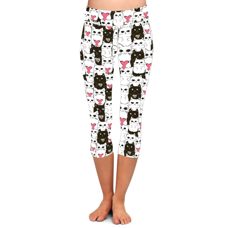 LETSFIND-Leggings Capri elásticos para mujer, pantalones con estampado Digital 3D de Gato Negro y el gato blanco con el corazón, cintura alta, Fitness suave