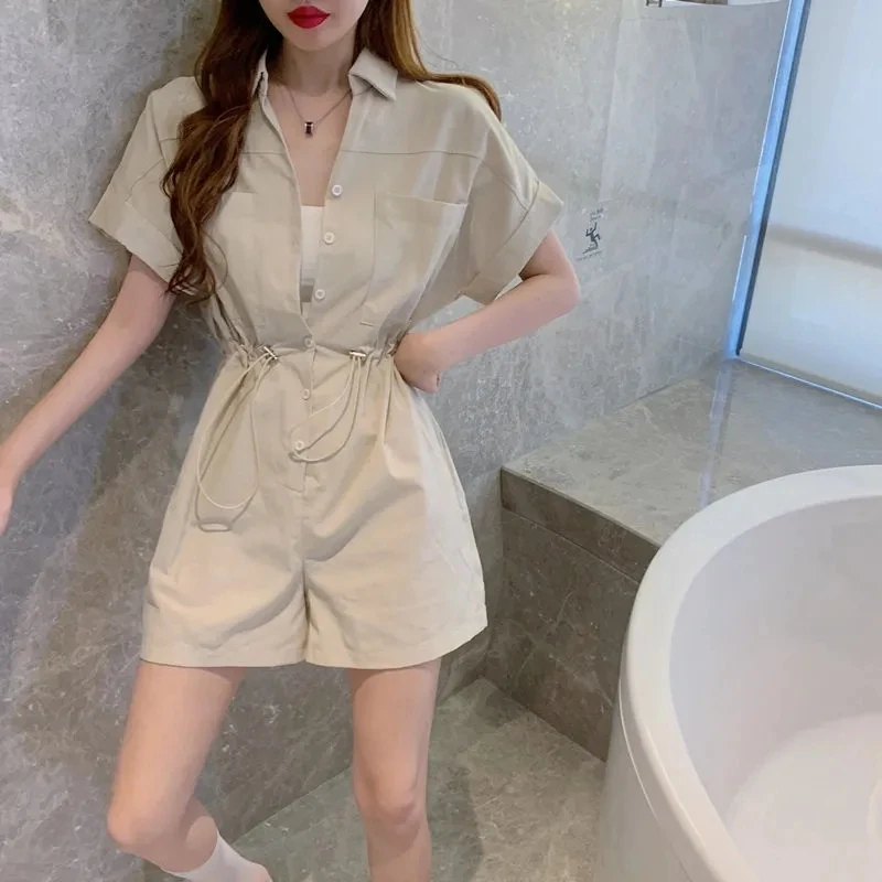 レトロなウエストシェイプのユーティリティジャンプスーツ レディース 夏 2025 新作 韓国風 ゆったりワイドレッグパンツ