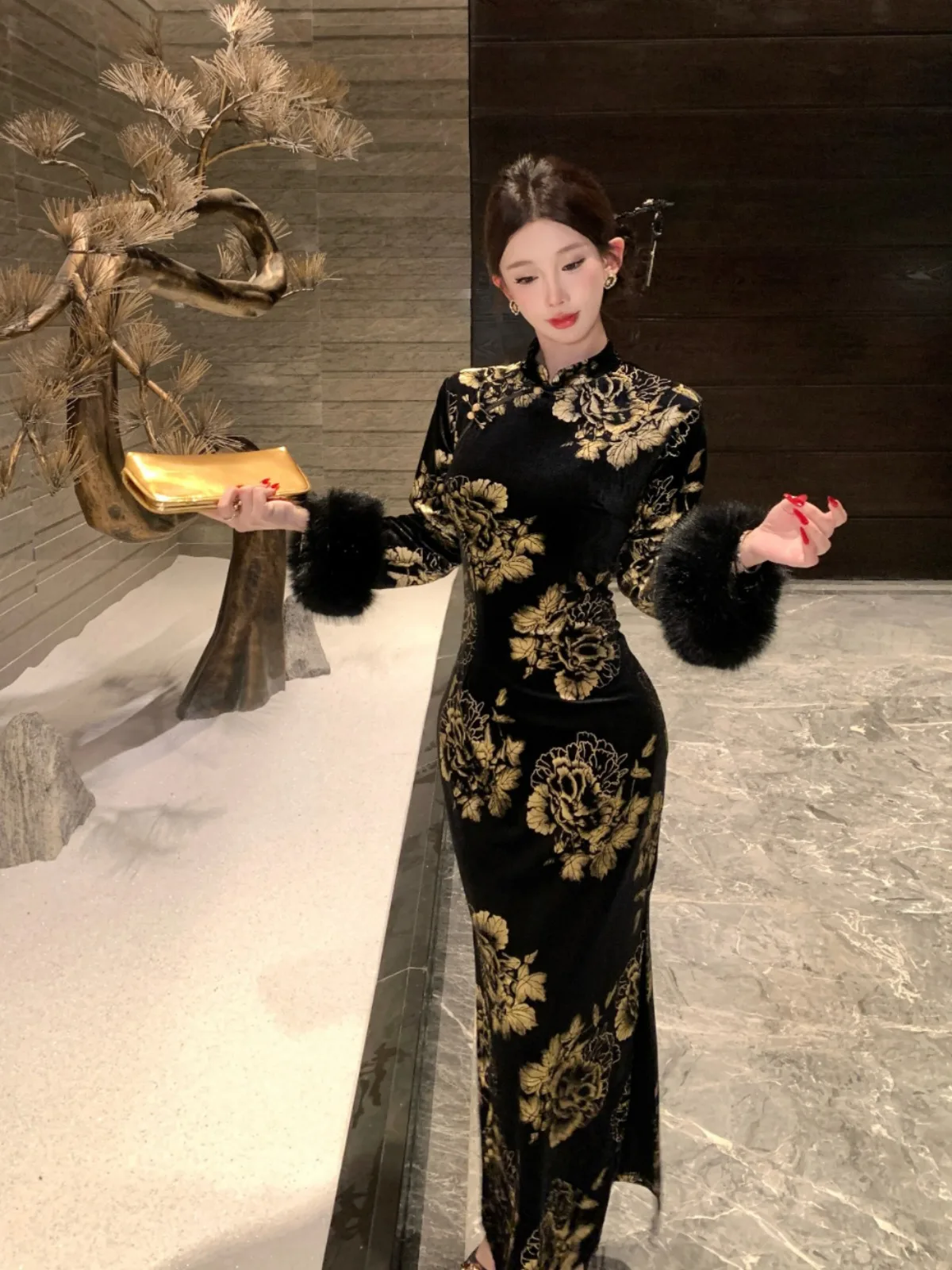 جديد الصينية Sle التخسيس تشيباو الدكتور الذهب الطباعة المرأة Faion الخريف الشتاء تنوعا عالية طوق طويل Sve ميدي الدكتور